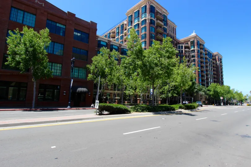 Roadway near a large condominium complex at Cityfront Terrace inside Downtown San Diego CA