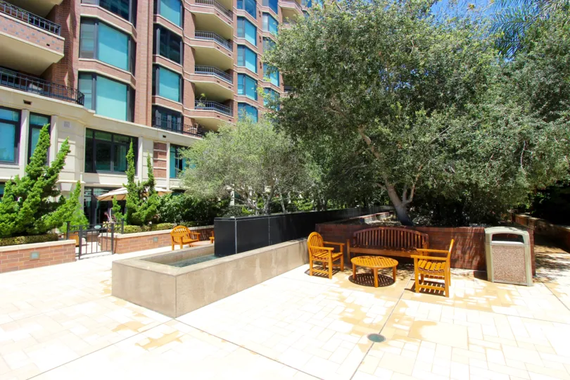 The outdoor sitting area in an apartment complex in Cityfront Terrace Downtown San Diego CA.
