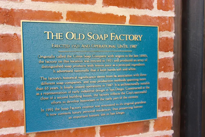 The "Old Soap Factory" plate on a brick wall in Cityfront Terrace