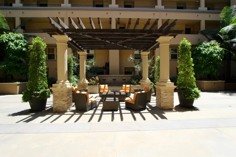 Patio furniture at a covered Gazebo at the City-walk in Downtown San Diego CA