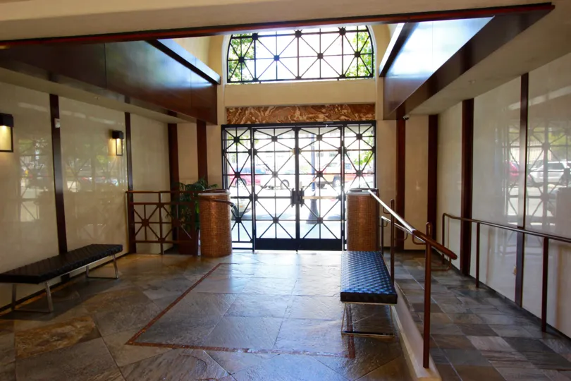 Benches in the stylish lobby of Citywalk in downtown San Diego, CA