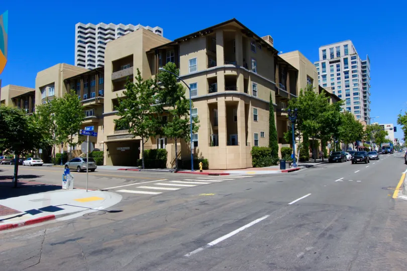 A street corner in front of Citywalk in downtown San Diego, CA.
