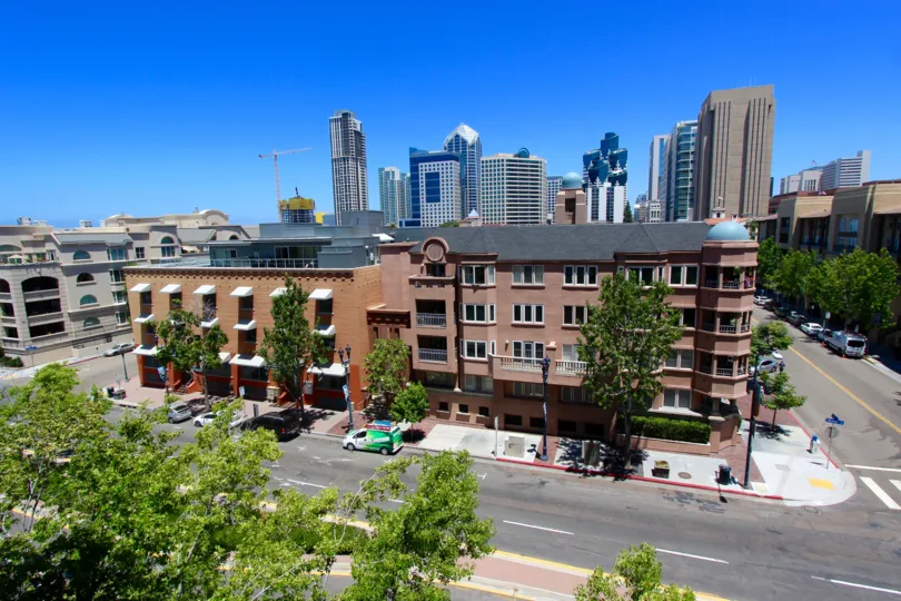 Bustling streets with trees and great city views at Columbia Place in Downtown San Diego, California