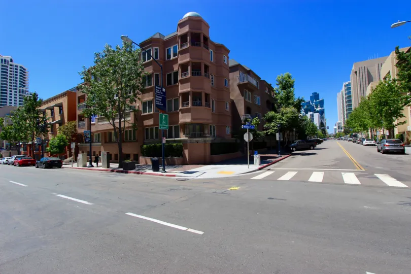 four story brown condo buildings at Columbia Place located in Downtown San Diego CA