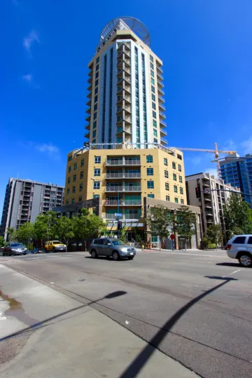 A view from the street of the tower of Cortez Blu in downtown San Diego, CA