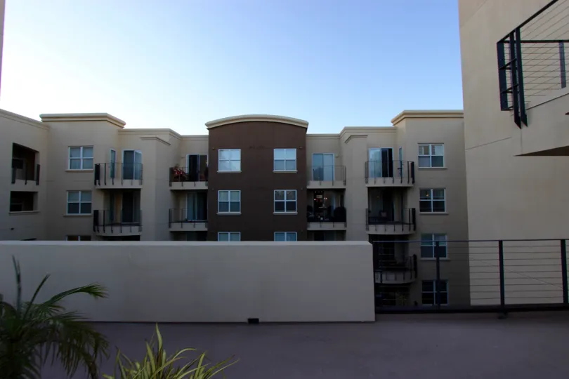 Fun and modern facade of the Crown Bay community in Downtown San Diego, California.