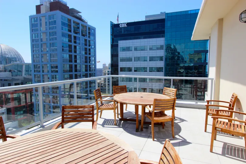 Sunny balcony with breathtaking city views at Diamond Terrace in Downtown San Diego, California