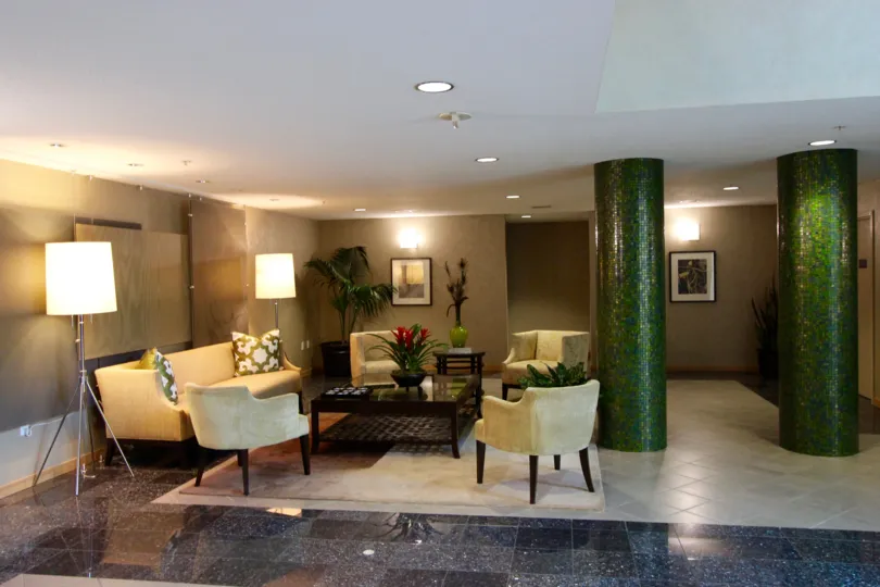 Columns and furniture in the lobby of Discovery in downtown San Diego, CA