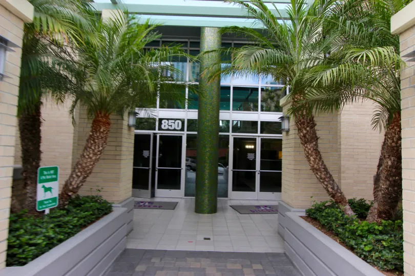 Downtown San Diego building in the Discovery community in California. The front doors of a building with palm trees on the edges.