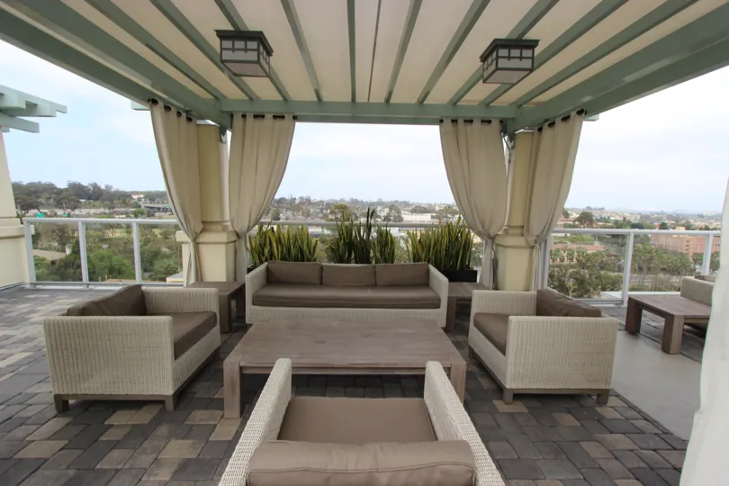 The covered gathering area with scenic views at the Discovery in downtown San Diego, California