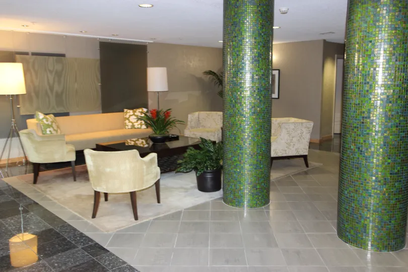 A sitting lobby in a building of the Discovery community in Downtown San Diego CA.
