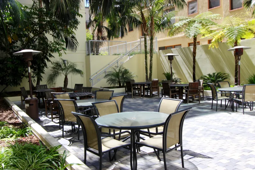 Beautiful outdoor lounging/eating area in Discovery neighborhood in Downtown San Diego