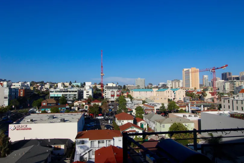 A clear blue sky view of DOMA in Downtown San Diego CA.