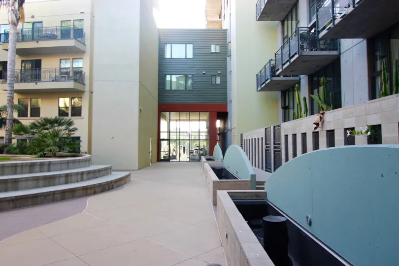 Plaza area with water pools inside DOMA in Downtown San Diego CA