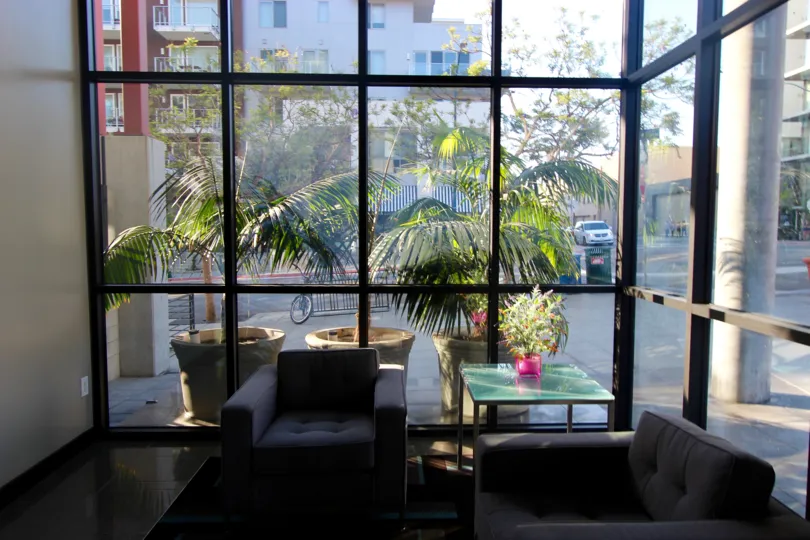 Street view through large windows at DOMA in Downtown San Diego, California