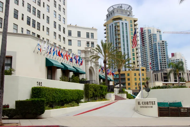 the international hotel in front of this has some country flags too and trees