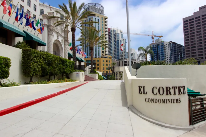Beautiful condominiums shadowed by gorgeous buildings in San Diego, California