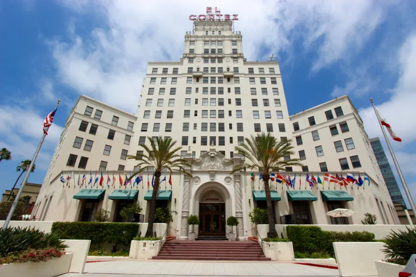 The regal front view at El Cortez hotel, a top establishment in downtown San Diego, California