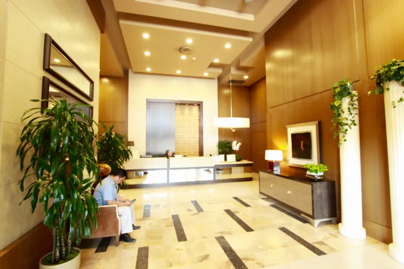 A bright day in the lobby space in the Electra Community