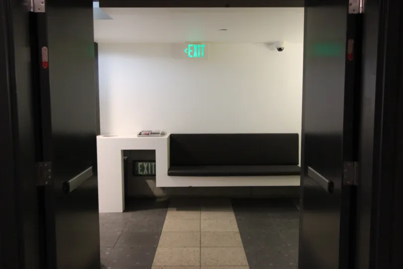 Utilitarian bench in hallway at Fahrenheit in Downtown San Diego, California