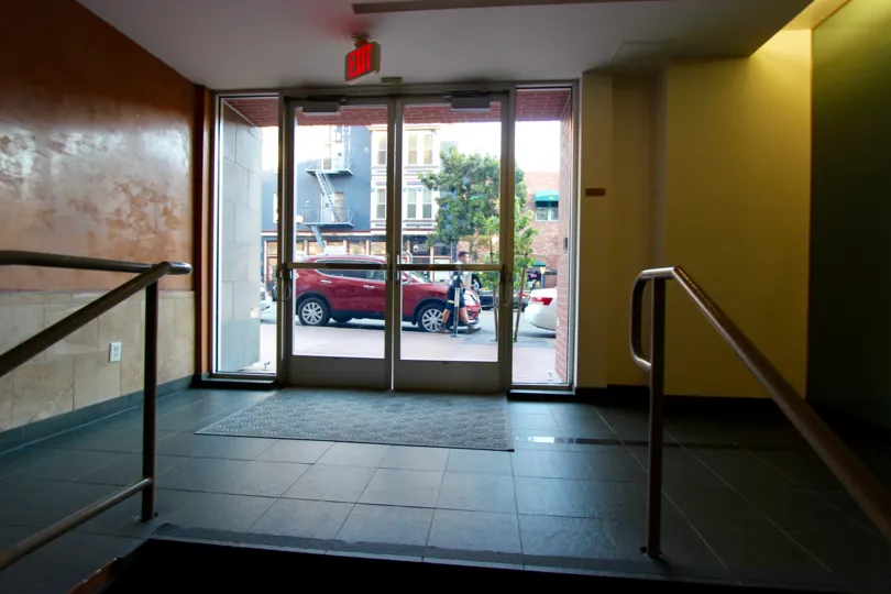 Inside a lobby looking out in Gaslamp City Square Downtown San Diego California