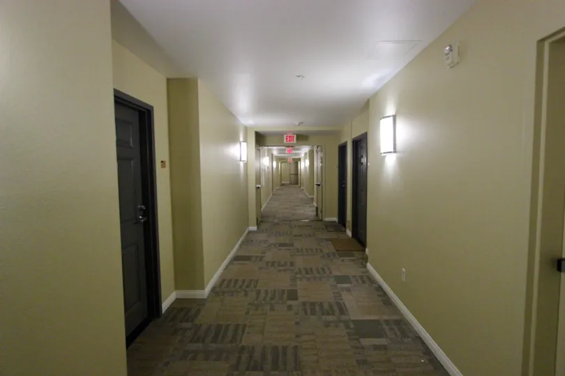 A hallway in a modernly designed building in one of California's most beautiful cities