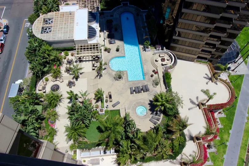 High sky view of rooftop pools in Harbor Club Downtown San Diego CA.
