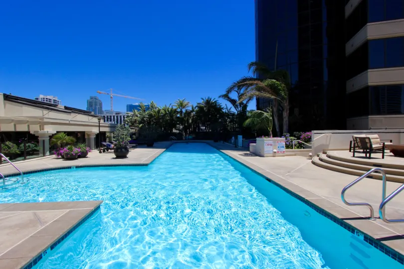 A long pool with a round outlet at the Harbor Club condos