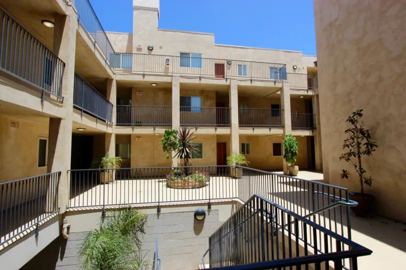 Tall condos with a black stairway at Hawthorn Place in Downtown San Diego CA