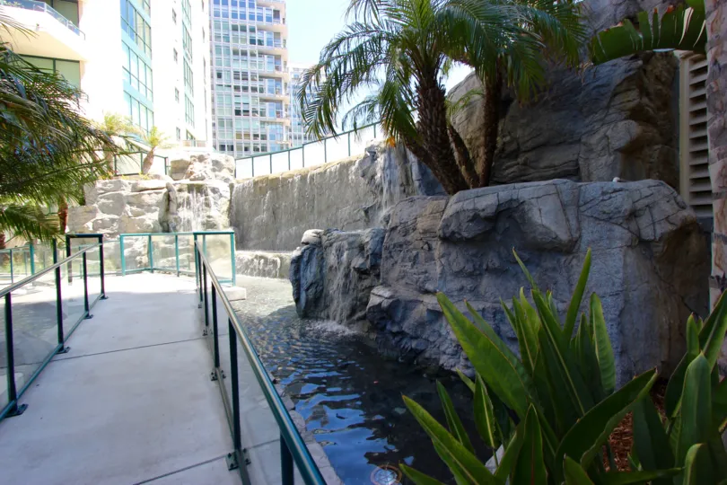 A sidewalk through a waterfeature with waterfalls and landscaping in the Horizons community.
