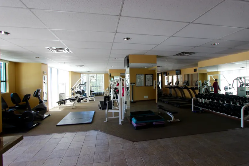 A sunny day in the area of Horizons, workout room, weights, mats, eliptical machines. mirroe
