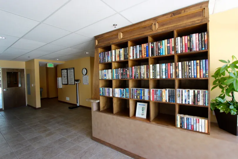 Bookcase in lobby in Horizons Downtown San Diego California