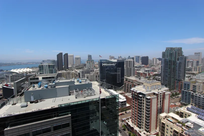 Blue Sky with a high view of buildings in the Icon Community of Downtown San Diego, CA.