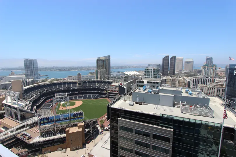 A sunny day in the Icon with a big baseball stadium.