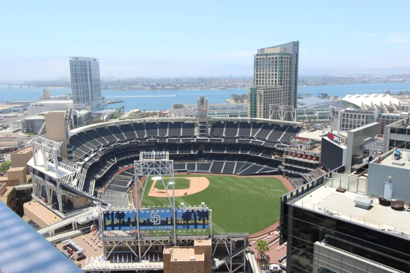 A sunny day at the stadium in Icon, baseball, ocean, boats,