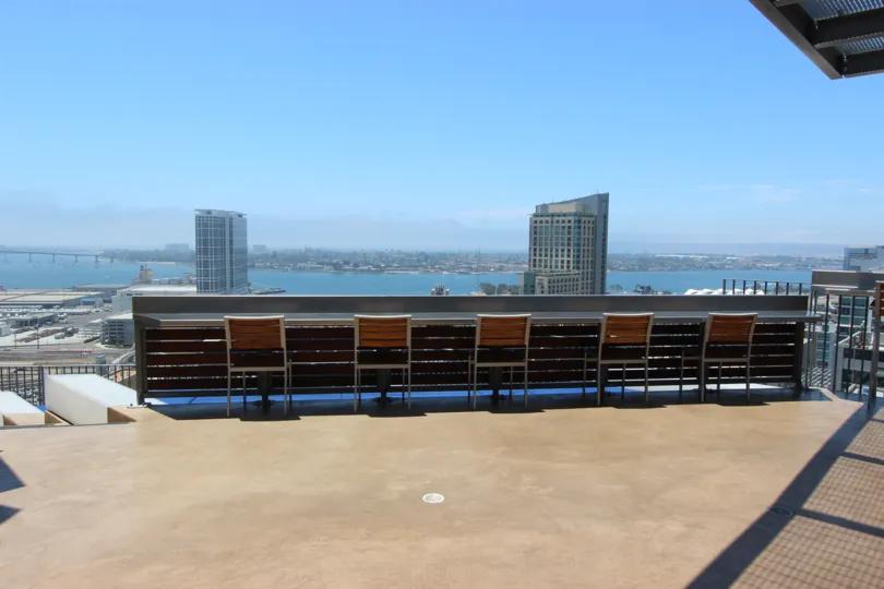 In Icon a community in Downtown San Diego, CA view of the water are seen from the roof.