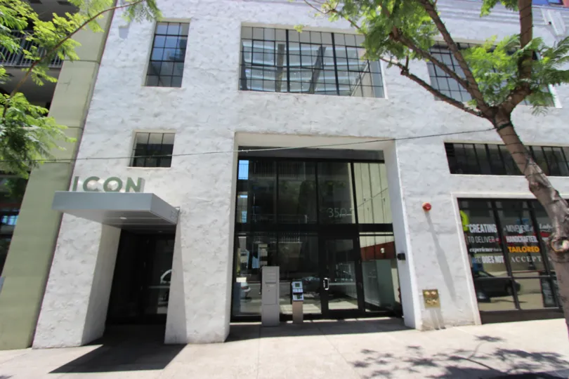 Street view on a sunny day of the Icon residences in Downtown San Diego, California