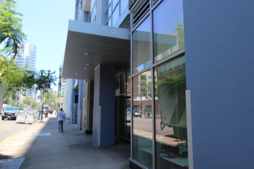 The front entrance to the Icon condominiums in Downtown San Diego, California