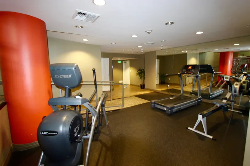 A treadmill facing a mirror allows the user to watch as they work out in the fitness room at La Vita