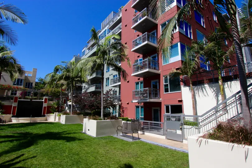 Palm trees set the scene by this beautiful apartment building in San Diego, California