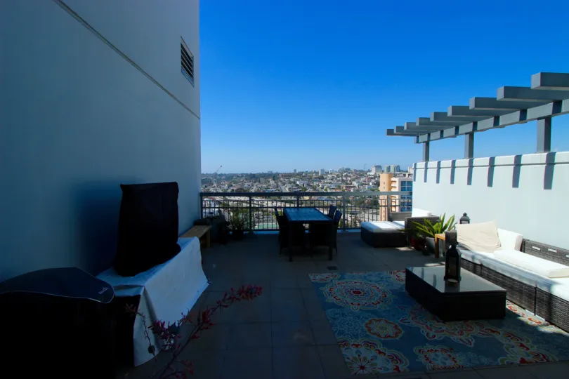 This lovely deck overlooks Downtown San Diego, covered in sunny skies