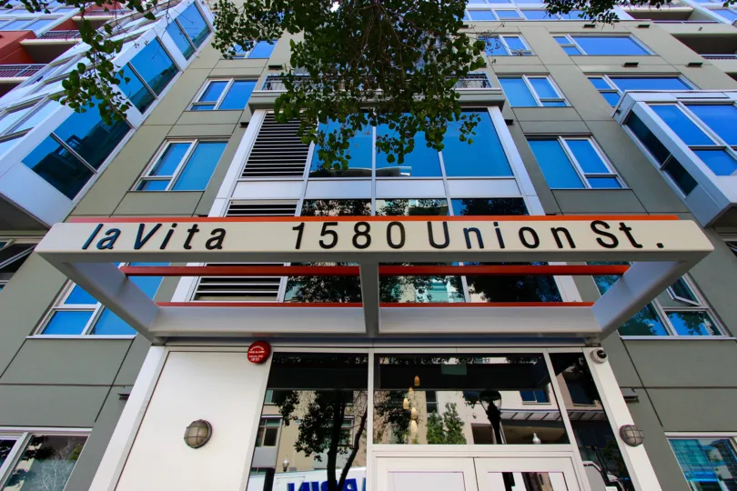 Right outside the front entrance of the La Vita Community on Union Street in Downtown San Diego, CA