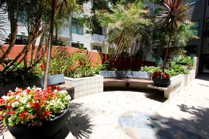 Planters and bench to sit in M2i Downtown San Diego California