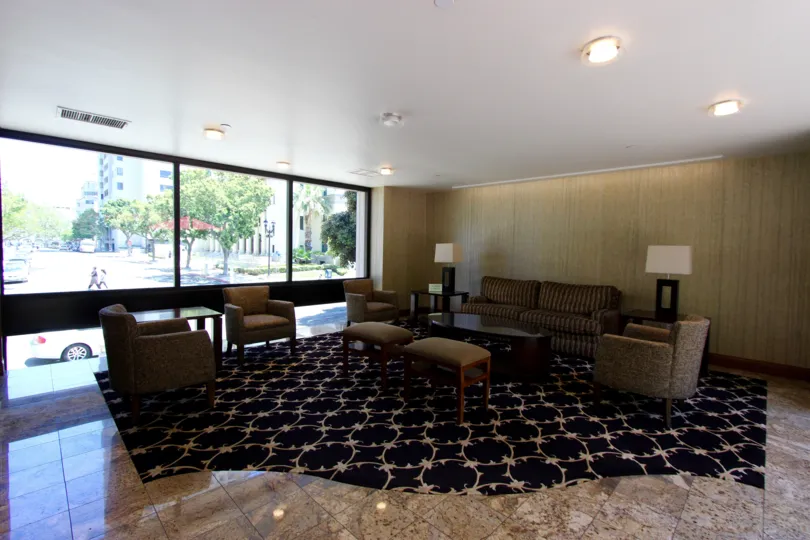 comfy couches in this spacious lobby of the Marina Park community!
