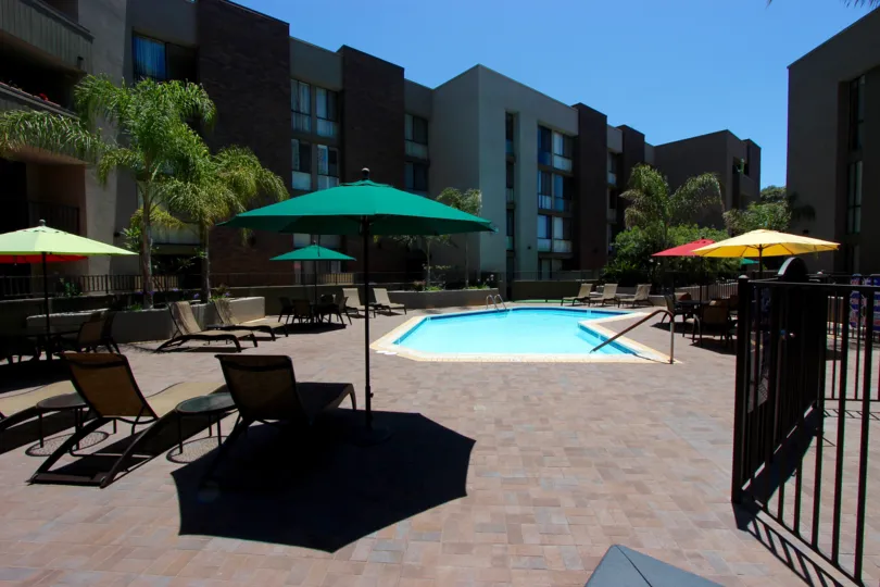Odd shaped blue pool surrounded by colorful patio umbrellas at Marina Park in Downtown San Diego CA