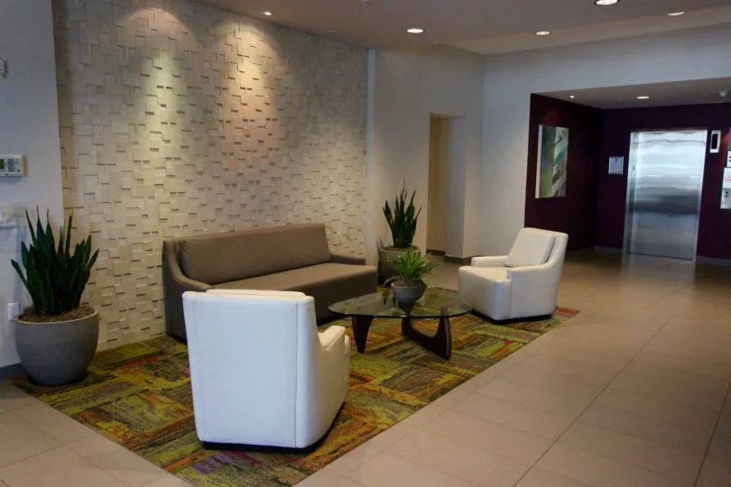 Nice lobby size and clean space to sit with friends at Nexus Downtown San Diego in California