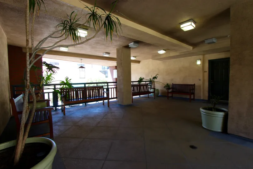 Shady covered entryway located in Pacific Terrace, Downtown San Diego, CA.