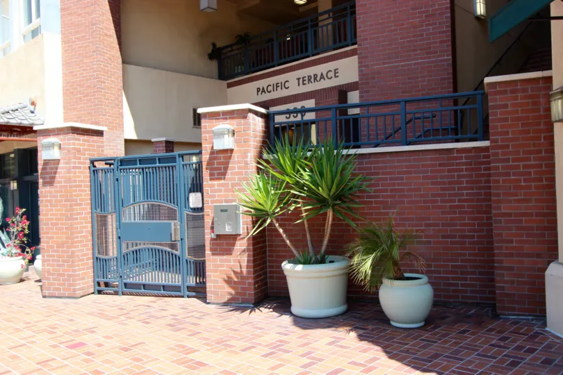 Front view with blue gate with plant decoration in Pacific Terrace