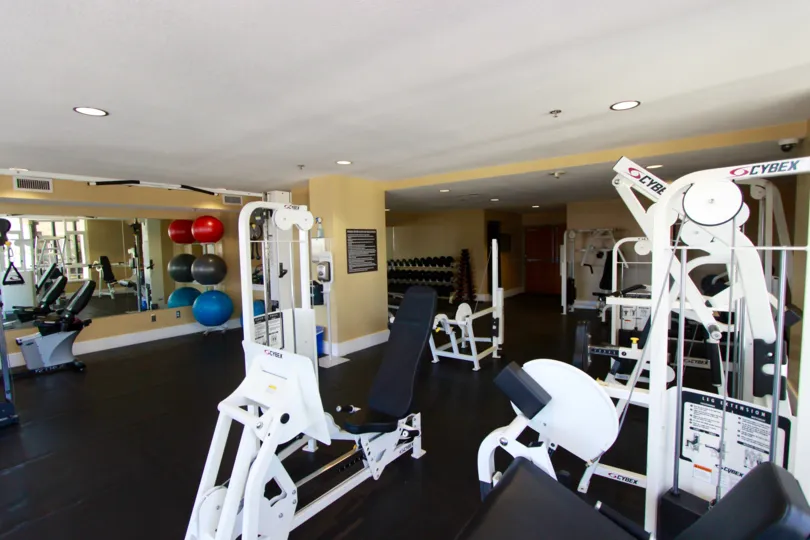 White exercise equipment at Park Place in Downtown San Diego CA