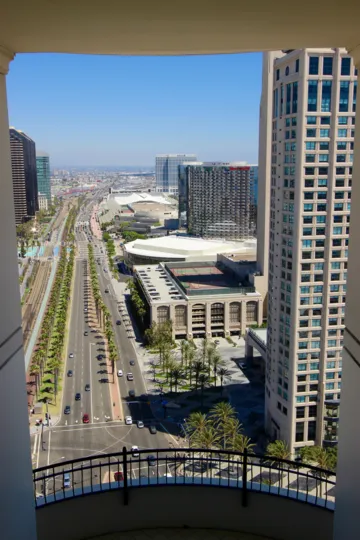 Beautiful sunny city view over looking downtown San Diego on the terrace of Park Place.